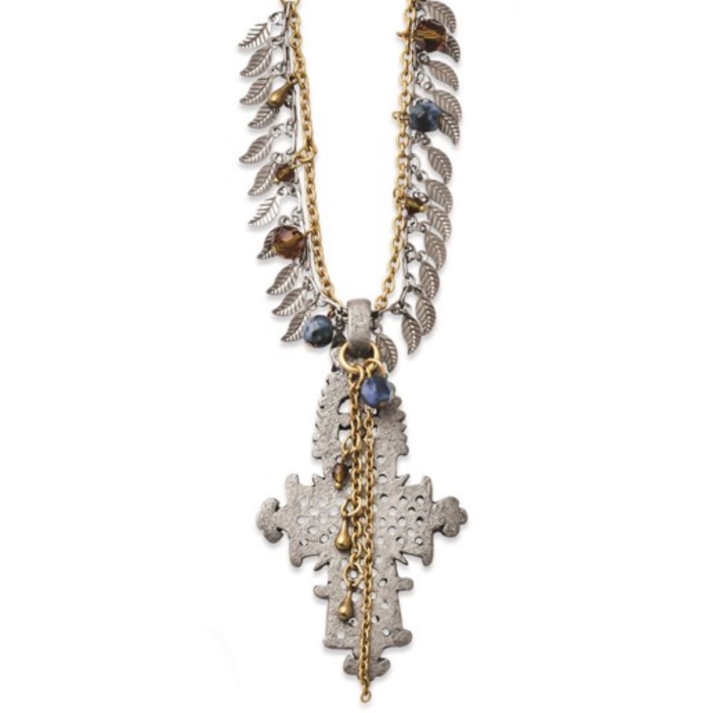 TRU Pewter and Brass-tone Blue and Brown Crystal 26 in Necklace
